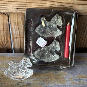 3 Vintage Yankee Candle Rocking Horse Birthday Candle Holders Clear Glass 3”